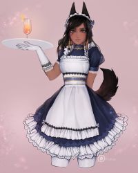 Rule 34 | 1girl, alternate costume, animal ears, anubis (monster girl encyclopedia), apron, bad id, bad tumblr id, black hair, blue dress, brown eyes, closed mouth, cowboy shot, cropped legs, crossover, cup, dark-skinned female, dark skin, dress, drinking glass, enmaided, fusion, gloves, highres, holding, holding tray, long hair, looking at viewer, maid, maid apron, maid headdress, matilda fiship, monster girl encyclopedia, overwatch, overwatch 1, pantyhose, patreon logo, patreon username, pharah (overwatch), pink background, puffy short sleeves, puffy sleeves, sash, short sleeves, simple background, solo, standing, tail, thighhighs, tray, white gloves, white pantyhose, wolf ears, wolf tail