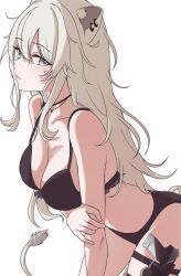 Rule 34 | 1girl, animal ear piercing, animal ears, bare shoulders, black bra, black panties, bra, breasts, c1p122, cleavage, closed mouth, collarbone, commentary request, from side, grey eyes, grey hair, gun, hair between eyes, highres, holding own arm, hololive, holster, jewelry, large breasts, leaning forward, lion ears, lion girl, lion tail, long hair, looking at viewer, necklace, panties, shishiro botan, simple background, solo, tail, thigh holster, underwear, virtual youtuber, weapon, white background
