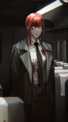 Rule 34 | 1girl, absurdres, black coat, black necktie, black pants, blood, blood on clothes, blood on face, braid, braided ponytail, chainsaw man, coat, collared shirt, formal, highres, limart, looking to the side, makima (chainsaw man), medium hair, necktie, pants, red hair, ringed eyes, shirt, sidelocks, solo, suit, train interior, white shirt, yellow eyes