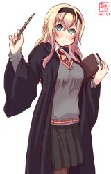 Rule 34 | 1girl, absurdres, alternate costume, artist logo, black pantyhose, black robe, black skirt, black vest, blonde hair, blue eyes, braid, commentary request, cosplay, cowboy shot, dated, french braid, gryffindor, harry potter (series), highres, hogwarts school uniform, kanon (kurogane knights), kantai collection, long hair, long sleeves, looking at viewer, necktie, pantyhose, robe, school uniform, simple background, skirt, solo, standing, striped necktie, striped neckwear, sweater vest, trait connection, vest, wand, warspite (kancolle), white background, wizarding world