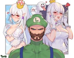 Rule 34 | 1boy, 1girl, absurdres, beard, blouse, blue overalls, boo (mario), breasts, brown hair, butt crack, c.honey, cleavage, collar, covered navel, covering face, crown, dual persona, embarrassed, facial hair, frilled collar, frills, gloves, green hat, green shirt, half-closed eyes, hat, highres, large breasts, looking at viewer, luigi, luigi&#039;s mansion, mario (series), mini crown, mustache, nintendo, no pants, open mouth, outside border, overalls, pointy ears, princess king boo, realistic, red eyes, serious, sharp teeth, shirt, super crown, teeth, white gloves, white hair