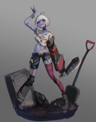 Rule 34 | 1girl, \m/, absurdres, ahoge, asymmetrical clothes, black sclera, bracelet, choker, cleaver, colored sclera, colored skin, commentary request, detached leggings, garter straps, grey background, grey skin, highres, holding cleaver, jewelry, melnik, mismatched sclera, original, patchwork skin, plaid, plaid legwear, purple eyes, shirt, short hair, shovel, single sleeve, solo, standing, stitches, t-shirt, tachi-e, tombstone, torn clothes, zombie