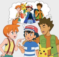 Rule 34 | 1girl, 2boys, ash ketchum, backpack, bag, baseball cap, belt, black hair, black shirt, blue eyes, blue pants, brock (pokemon), brown eyes, buckle, clenched hand, creatures (company), crop top, eye contact, fingerless gloves, game freak, gen 1 pokemon, gloves, gonzarez, green gloves, green vest, hands up, hat, jacket, looking at another, looking to the side, misty (pokemon), multiple boys, navel, nintendo, on shoulder, open mouth, orange hair, orange shirt, pants, pikachu, pointing, pokemon, pokemon (anime), pokemon (classic anime), pokemon (creature), pokemon on shoulder, pokemon sm (anime), red headwear, shirt, short hair, short sleeves, shorts, side ponytail, smile, spiked hair, suspenders, t-shirt, thought bubble, twitter username, vest, white background, wing collar