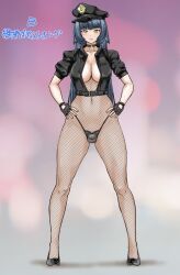 Rule 34 | 1girl, black hair, blush, breasts, bulge, censored, chastity cage, choker, cleavage, covered testicles, fingerless gloves, fishnet pantyhose, fishnets, foreskin, futanari, gloves, green eyes, hands on own hips, hat, high heels, jacket, kswazza, large breasts, midriff, pantyhose, penis, small penis, solo, testicles