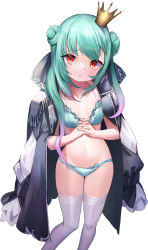 Rule 34 | 1girl, :t, bikini, bikini under clothes, black coat, coat, coat on shoulders, commentary request, crown, double bun, feet out of frame, flat chest, fuyouchu, gradient hair, green bikini, green hair, green nails, hair bun, highres, hololive, long hair, long sleeves, looking at viewer, mini crown, multicolored hair, nail polish, navel, own hands clasped, own hands together, pink hair, red eyes, simple background, solo, standing, stomach, swimsuit, thighhighs, tilted headwear, twintails, uruha rushia, uruha rushia (3rd costume), virtual youtuber, white background, white thighhighs