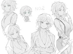Rule 34 | 1girl, closed mouth, coat, coat on shoulders, collared shirt, faust (project moon), greyscale, highres, holding, holding sword, holding weapon, limbus company, long sleeves, looking at viewer, monochrome, multiple views, o tyappa, project moon, ribbed sweater, shirt, short hair, simple background, spot color, suspenders, sweater, sword, vest, weapon, wing collar