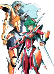 Rule 34 | 1980s (style), 2girls, armor, blue eyes, blue hair, bodysuit, clenched hand, clenched hands, cross (iczelion), expressionless, female focus, fingerless gloves, gloves, green hair, headgear, highres, hirano toshihiro, iczelion, iczer (series), kai nagisa, long hair, mask, mecha musume, multiple girls, official art, retro artstyle, orange eyes, retro artstyle, scan, short hair, white background