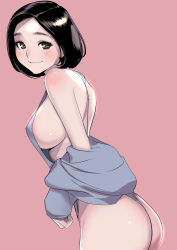 Rule 34 | 1girl, ass, back, black hair, breasts, brown eyes, dytm, highres, large breasts, looking at viewer, one-hour drawing challenge, original, pink background, short hair, sideboob, simple background, sleeves past wrists, solo