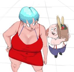 Rule 34 | 1girl, angry, animal, arm at side, bag, bikini, bikini under clothes, blue eyes, breasts, bulma, cleavage, covered navel, dragon ball, dragonball z, dress, earrings, feet out of frame, food, from above, green hair, hand on own hip, holding, holding bag, huge breasts, jewelry, legs, legs apart, looking to the side, oolong, open mouth, pig, red dress, short hair, simple background, standing, suspenders, swimsuit, tan, tanline, thighs, ultivlad, white background