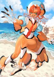 Rule 34 | absurdres, alternate species, ambiguous gender, ankle fins, arm fins, beach, blue sky, braid, cloud, cloudy sky, clownfish, commission, day, english text, fins, fish, fish tail, hair between eyes, hat, hat ornament, head fins, highres, hinatsu ruka, indie virtual youtuber, long hair, looking at viewer, necktie, ocean, open hands, open mouth, orange hair, outdoors, outstretched arms, red necktie, single braid, skeb commission, sky, solo, sumosamo, tail, teeth, see-through body, virtual youtuber, water