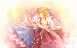 Rule 34 | 2girls, alice margatroid, alice margatroid (pc-98), blonde hair, blue eyes, bouquet, carnation, female focus, flower, hair bobbles, hair ornament, hairband, kieta, mother&#039;s day, mother and daughter, multiple girls, mystic square, rose, shinki (touhou), side ponytail, touhou, touhou (pc-98), wallpaper, white hair
