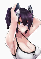 Rule 34 | 10s, 1girl, armpits, arms behind head, arms up, bikini, blush, breasts, cleavage, collarbone, eyepatch, grey background, headgear, highres, kanihara taraba, kantai collection, large breasts, looking at viewer, parted lips, purple hair, short hair, short ponytail, solo, swimsuit, tenryuu (kancolle), tying hair, upper body, yellow eyes