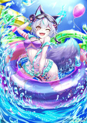 Rule 34 | 1girl, buoy, goggles, goggles on head, highres, open mouth, parka, peak824545201, see-through, serpina (shironeko project), shironeko project, short hair, swimsuit, tail, water slide, white hair