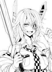 Rule 34 | 1girl, breast pocket, breasts, checkered clothes, checkered necktie, checkered neckwear, collared shirt, eyepatch, fur-trimmed jacket, fur trim, gloves, greyscale, headgear, holding, holding sword, holding weapon, ifuji shinsen, jacket, kantai collection, large breasts, monochrome, necktie, open mouth, partially fingerless gloves, pocket, shirt, short hair, smile, solo, sword, tenryuu (kancolle), tenryuu kai ni (kancolle), upper body, weapon