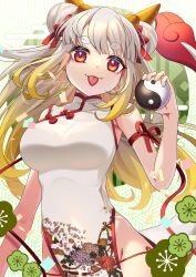 Rule 34 | 1girl, :3, arm ribbon, blonde hair, breasts, china dress, chinese clothes, double bun, dress, flower, gradient hair, hair bun, highres, holding, horns, large breasts, looking at viewer, lowleg, lowleg panties, multicolored hair, orange eyes, orb, original, panties, ribbon, ryofuhiko, sleeveless, sleeveless dress, smile, solo, thick eyebrows, tongue, tongue out, two side up, underwear, white hair, yin yang, yin yang orb