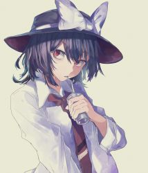 Rule 34 | 1girl, absurdres, bad id, bad twitter id, black hair, black hat, bow, breasts, commentary request, cup, drink, drinking, drinking straw, fedora, food request, hand up, hat, hat bow, highres, holding, holding cup, holding drink, long sleeves, looking away, looking to the side, loose clothes, loose shirt, muraryo, muted color, necktie, outstretched arm, red eyes, red hat, red necktie, shirt, short hair, sidelocks, sideways glance, simple background, small breasts, solo, touhou, upper body, usami renko, white bow, white shirt, yellow background
