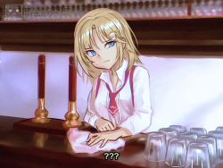 Rule 34 | 1girl, ?, ??, artist name, blonde hair, blue eyes, collared shirt, commentary, confused, cup, drinking glass, english commentary, freeze-ex, hair ornament, hololive, hololive english, looking to the side, meme, necktie, never gonna give you up, parody, red necktie, shirt, short necktie, solo, suspenders, virtual youtuber, watermark, watson amelia, watson amelia (1st costume), wiping table