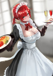 Rule 34 | 1girl, apron, aqua eyes, boudica (fate), bow, bowtie, breasts, detached collar, fate/grand order, fate (series), food, from above, glass, indoors, jikihatiman, large breasts, maid, maid headdress, microsoft windows, omelet, omurice, plate, puffy sleeves, red hair, solo, tray, window