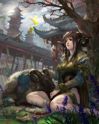 Rule 34 | 1girl, architecture, baraba baba, braid, brown eyes, brown hair, bug, building, butterfly, cloud, east asian architecture, flower, grass, hair ornament, horns, bug, japanese clothes, long hair, long sleeves, looking away, original, outdoors, pointy ears, sheep, sheep horns, sky, solo, traditional clothes, tree, twin braids