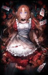 Rule 34 | 1girl, absurdres, alice in wonderland, apron, arms at sides, black choker, blood, blood on clothes, blood on face, blue eyes, card, choker, collar, collarbone, commentary request, cowboy shot, dark background, dress, forehead, frilled apron, frills, gawako, highres, legs apart, long hair, looking at viewer, nail polish, orange hair, original, parted bangs, parted lips, playing card, puffy short sleeves, puffy sleeves, red dress, red nails, short sleeves, solo, standing, ten of hearts, white apron
