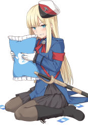 Rule 34 | 1girl, apple inc., black footwear, black pantyhose, black skirt, blonde hair, blue jacket, blush, boots, commentary request, fate (series), grin, hat, holding, holding pillow, jacket, kneeling, long hair, looking at viewer, lord el-melloi ii case files, multicolored clothes, multicolored hat, pantyhose, pillow, red hat, reines el-melloi archisorte, shiseki hirame, simple background, sitting, skirt, smile, solo, sword, weapon, white background, white hat