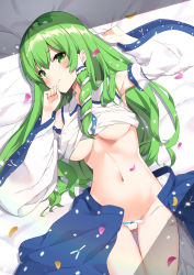 Rule 34 | 1girl, absurdres, ambasa, armpits, bed sheet, blue skirt, blush, breasts, closed mouth, commentary request, detached sleeves, frog hair ornament, green eyes, green hair, hair ornament, highres, kochiya sanae, long hair, long sleeves, looking at viewer, lying, medium breasts, navel, on back, on bed, open clothes, open skirt, panties, petals, print skirt, rose petals, sidelocks, single hair tube, skirt, snake hair ornament, solo, thighs, touhou, underboob, underwear, white panties, white sleeves, wide sleeves
