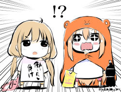 Rule 34 | !?, + +, 2girls, akaza, animal costume, blonde hair, bottle, brown eyes, chibi, chips (food), clothes writing, cola, cosplay, crossover, doma umaru, emphasis lines, food, futaba anzu, himouto! umaru-chan, hood, idolmaster, idolmaster cinderella girls, komaru (cosplay), komaru (himouto! umaru-chan), long hair, multiple girls, open mouth, simple background, soda, soda bottle, stuffed animal, stuffed rabbit, stuffed toy, trait connection, twintails, twitter username
