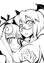Rule 34 | 2girls, bespectacled, breasts, glasses, grabbing, grabbing another&#039;s breast, greyscale, head wings, highres, koakuma, large breasts, looking at viewer, maru-sun, monochrome, multiple girls, naughty face, nipples, nude, patchouli knowledge, short hair, smile, touhou, wings, yuri
