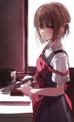 Rule 34 | 1girl, apron, black skirt, blunt bangs, blush, brown hair, chocolate, commentary request, highres, holding, holding knife, knife, looking at viewer, off shoulder, original, plaid, plaid apron, red apron, red eyes, shirt, short hair, short sleeves, skirt, solo, valentine, wata (attaka towel), white shirt