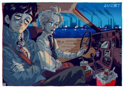 Rule 34 | 2boys, black hair, blonde hair, blue eyes, can, car interior, charm (object), cigarette, collared shirt, crossed arms, crossed legs, cup, disposable cup, dress shirt, drink can, driving, facial hair, from side, green eyes, holding, jacket, kaneoya sachiko, charm (object), looking ahead, male focus, mouth hold, multiple boys, mustache, necktie, night, original, shirt, short hair, sitting, skyline, smokestack, smoking, soda can, stubble, trash can, yoiko yokochou