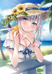 Rule 34 | 1girl, blue eyes, blue sky, blush, breasts, brown hat, cleavage, cloud, commentary request, day, double scoop, dress, flower, food, frilled dress, frills, grey hair, hair between eyes, hands up, hat, hat flower, highres, holding, holding food, horizon, ice cream, ice cream cone, long hair, looking at viewer, medium breasts, ocean, off-shoulder dress, off shoulder, original, outdoors, palm tree, parted lips, railing, sakura hiyori, sky, smile, solo, straw hat, summer, tree, upper body, water, white dress, yellow flower