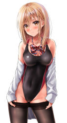 Rule 34 | 1girl, bare shoulders, black one-piece swimsuit, blonde hair, blush, bow, bowtie, breasts, brown eyes, brown pantyhose, clothes pull, collarbone, competition swimsuit, contrapposto, covered navel, cowboy shot, dress shirt, earrings, fine fabric emphasis, frown, hair between eyes, highleg, highleg swimsuit, highres, hoop earrings, jewelry, long sleeves, looking at viewer, medium breasts, medium hair, off shoulder, one-piece swimsuit, original, pantyhose, pantyhose pull, pulling own clothes, red bow, red bowtie, shiny clothes, shiny legwear, shirt, simple background, sleeves past wrists, solo, standing, striped bow, striped bowtie, striped clothes, striped one-piece swimsuit, swimsuit, taut clothes, taut swimsuit, white background, white shirt, yukemuriganmo