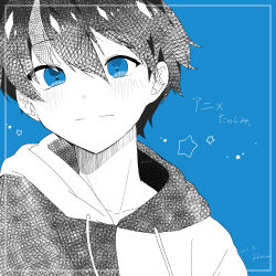 Rule 34 | 1boy, artist name, blue background, blush, closed mouth, cobalt (technoroid), dated, highres, hood, hood down, hoodie, male focus, partially colored, shenaa, short hair, smile, solo, star (symbol), technoroid, translation request