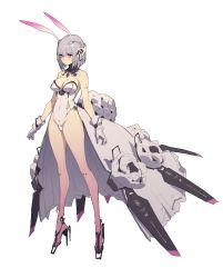 Rule 34 | 1girl, absurdres, animal ears, breasts, cleavage, detached collar, full body, gloves, headgear, high heels, highres, large breasts, leotard, light purple hair, liv (punishing: gray raven), looking at viewer, pink eyes, punishing: gray raven, rabbit ears, rekaerb maerd, short hair, sketch, solo, strapless, strapless leotard, transparent background, waist cape, white gloves, white leotard