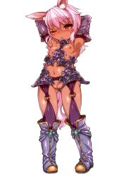 Rule 34 | 1girl, animal ears, armor, arms up, breasts, cleft of venus, crotchless, detached sleeves, harigane shinshi, highres, nipples, original, pink hair, pussy, red eyes, short hair, simple background, small breasts, solo, tail, uncensored