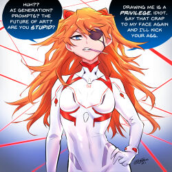 Rule 34 | 1girl, ai-generated art (topic), blue eyes, bodysuit, commentary, english commentary, english text, evangelion: 3.0+1.0 thrice upon a time, eyepatch, food, highres, holding, holding food, holding pocky, long hair, multicolored bodysuit, multicolored clothes, neon genesis evangelion, orange hair, pilot suit, plugsuit, pocky, rebuild of evangelion, solo, souryuu asuka langley, speech bubble, strawberry pocky, sytokun, very long hair, white bodysuit, wide hips