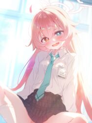 Rule 34 | 1girl, ahoge, aqua necktie, black skirt, blue archive, blue eyes, blush, breasts, collared shirt, fang, hair between eyes, halo, highres, hoshino (blue archive), itsk ne, long hair, long sleeves, looking at viewer, necktie, open mouth, pink hair, pink halo, pleated skirt, shirt, signature, skin fang, skirt, small breasts, smile, socks, solo, twitter username, white shirt, white socks, yellow eyes