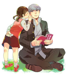 Rule 34 | 1boy, 1girl, arm behind back, atlus, bad id, bad pixiv id, book, brown hair, child, closed eyes, doujima nanako, dress, flower, green eyes, grey hair, hair ribbon, holding, houndstooth, ido (nothing679), indian style, jacket, loafers, narukami yuu, open book, persona, persona 4, ribbon, school uniform, shoes, short hair, short twintails, simple background, sitting, socks, standing, striped clothes, striped dress, twintails, whispering, white background