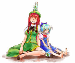 Rule 34 | 2girls, barefoot, blue hair, blush stickers, bow, bowtie, braid, chinese clothes, cirno, drooling, embodiment of scarlet devil, feet, female focus, frog, frozen, frozen frog, hair bow, hat, hong meiling, indian style, long hair, matilda (matildax), multiple girls, object on head, red hair, short hair, sitting, sleeping, touhou, twin braids, v arms