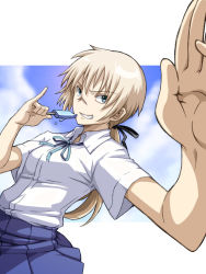 Rule 34 | 1girl, blonde hair, blue eyes, clenched teeth, food, hair ribbon, hanna rudel, holding, ponytail, popsicle, ribbon, shirt, skirt, solo, strike witches, strike witches: suomus misfits squadron, tabigarasu, teeth, white shirt, world witches series