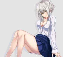 Rule 34 | 1girl, arm behind back, arm support, bare legs, blue legwear, blush, breasts, check commentary, cleavage, closed mouth, collarbone, commentary request, dress shirt, drop shadow, fate (series), feet on table, from side, grey background, head tilt, jeanne d&#039;arc (fate), jeanne d&#039;arc alter (avenger) (fate), jeanne d&#039;arc alter (fate), knees up, looking at viewer, medium breasts, medium hair, multicolored hair, partially unbuttoned, pleated skirt, ponytail, shirt, sidelocks, silver hair, simple background, sitting, skirt, sleeves past wrists, smile, solo, streaked hair, tsurime, white shirt, yamikyon, yellow eyes