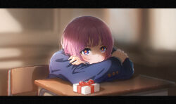Rule 34 | 1girl, arms on table, blazer, blue eyes, blue jacket, blurry, blurry background, blush, chair, classroom, closed mouth, commentary request, crossed arms, dannychuchi, day, desk, gift, highres, indoors, jacket, kaf (kamitsubaki studio), kamitsubaki studio, letterboxed, long sleeves, looking at viewer, multicolored eyes, on chair, pink hair, red eyes, school chair, school desk, school uniform, sitting, solo, staring, upper body, valentine, virtual youtuber, yellow pupils