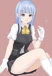 Rule 34 | 1girl, aio, black vest, blue eyes, blue hair, blunt bangs, blush, bow, bowtie, gloves, grey vest, hatsukaze (kancolle), highres, hime cut, kantai collection, long hair, looking at viewer, neckerchief, pink background, pleated skirt, school uniform, shirt, sitting, skirt, smile, solo, vest, white gloves, white shirt, yellow bow, yellow bowtie, yellow neckerchief