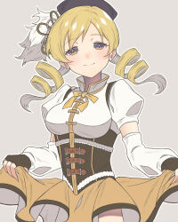 Rule 34 | 1girl, belt, black corset, black gloves, black headwear, blonde hair, breasts, closed mouth, commentary request, corset, curtsey, detached sleeves, drill hair, facing viewer, fingerless gloves, gloves, hair ornament, high collar, highres, large breasts, long sleeves, mahou shoujo madoka magica, mahou shoujo madoka magica (anime), medium hair, neck ribbon, puffy short sleeves, puffy sleeves, ribbon, short sleeves, simple background, skirt, skirt hold, smile, solo, taku hanamiyap, tomoe mami, twin drills, twintails, upper body, white background, yellow eyes, yellow ribbon, yellow skirt