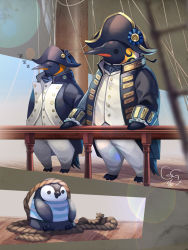 Rule 34 | animal focus, bicorne, bird, blue sky, day, fantasy, hat, highres, looking at viewer, no humans, original, osafune ai, outdoors, penguin, railing, rope, royal navy, sails, ship, shirt, sitting, sky, sleeping, standing, striped clothes, striped shirt, watercraft