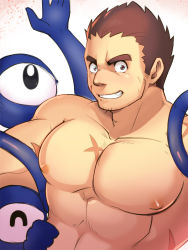 Rule 34 | 1boy, abs, bara, brown hair, completely nude, facial hair, facial scar, tamamura gunzo, large pectorals, male focus, muscular, muscular male, nipples, nude, pectorals, scar, scar on cheek, scar on chest, scar on face, short hair, solo, spirit, stubble, thick eyebrows, tokyo houkago summoners, upper body, waku (ayamix), white background