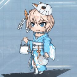 Rule 34 | 1boy, animated, animated gif, bag, blonde hair, blue eyes, boots, chibi, choker, hair between eyes, hair ornament, hand fan, holding, holding bag, holding fan, homare nao, japanese clothes, kimono, looking to the side, mask, mask on head, short hair, smile, solo, taimanin (series), taimanin rpgx, trap, yukata