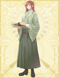 Rule 34 | 1boy, black footwear, brown hair, chain paradox, food, full body, glasses, green eyes, green kimono, hakama, hareiro glass, highres, holding, holding tray, japanese clothes, kimono, long hair, long sleeves, looking at viewer, solo, standing, tray, wagashi, wide sleeves, yellow background