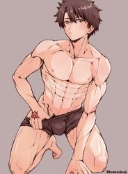 Rule 34 | 1boy, abs, black hair, black male underwear, blue eyes, boxer briefs, closed mouth, fate/grand order, fate (series), fujimaru ritsuka (male), grey background, highres, kamenakake, kneeling, looking at viewer, male focus, male pubic hair, male underwear, male underwear pull, muscular, muscular male, navel, nipples, pectorals, pubic hair, pulling own clothes, short hair, simple background, solo, twitter username, underwear