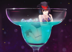 Rule 34 | 10s, 1girl, bad id, bad pixiv id, black hair, brown eyes, cocktail, cocktail glass, cup, drink, drinking glass, hair between eyes, hat, headphones, highres, i-13 (kancolle), ice, ice cube, in container, in cup, kantai collection, margarita, mini person, minigirl, neckerchief, oversized object, rko (a470350510), sailor collar, sandals, school swimsuit, short hair, solo, swimsuit, white neckerchief